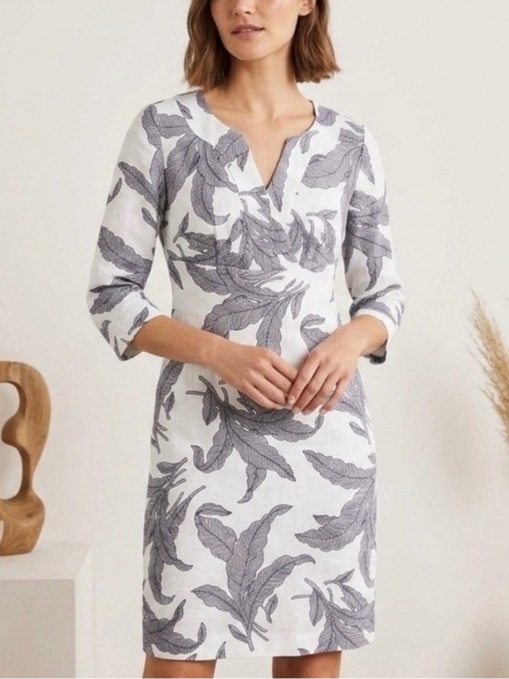 Boden Linen Tunic Shift Dress Lavender Leaf Print White Size 4
